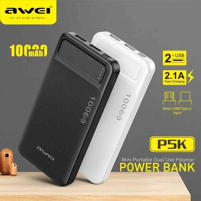 Awei P5K 10000mAh Dual USB Port Power Bank Fast Charging Micro USB and Type C Input